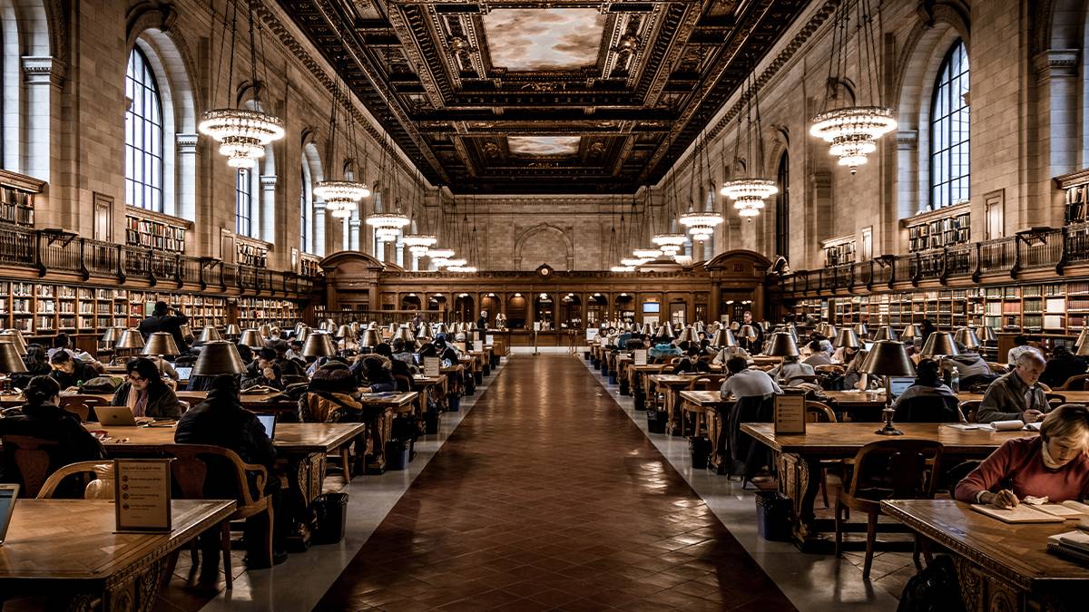 interior room with desks and lamps in Rose Reading Room in NY Public Library in NYC, New York, USA